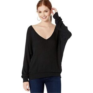 Free People Santa Clara Thermal Long Sleeve V Neck Top Black Size Small